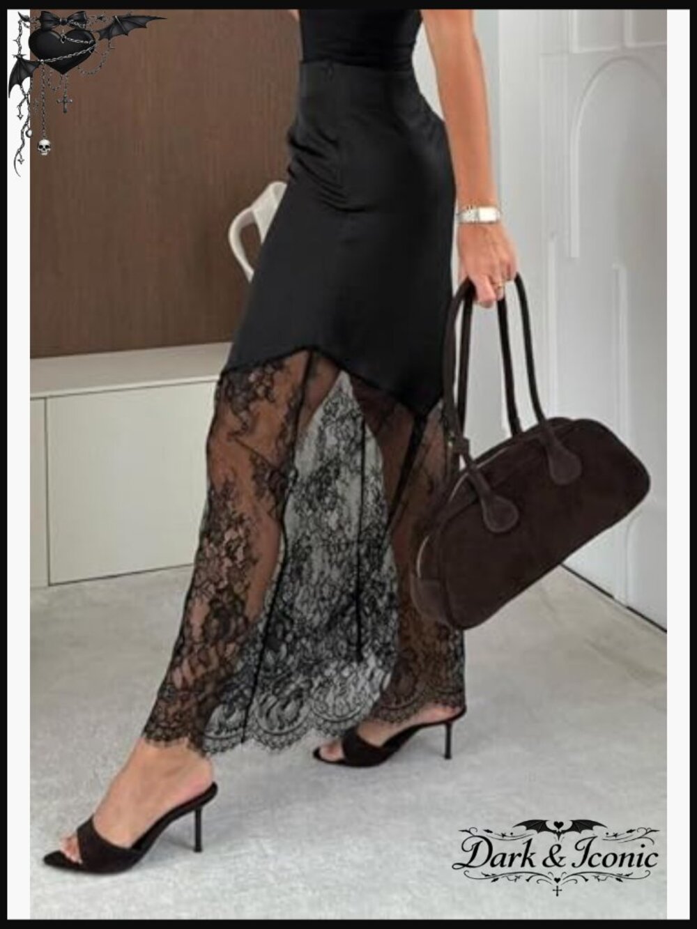 Long Lace Maxi Skirt with Satin Slip, Elastic Waist, Boho A-Line Style - Picture 4 of 7